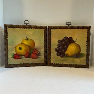 Fruit Still Life On Wood Placques By The Dutch Artist Henk Bos Set Of 2 9” Sq.
